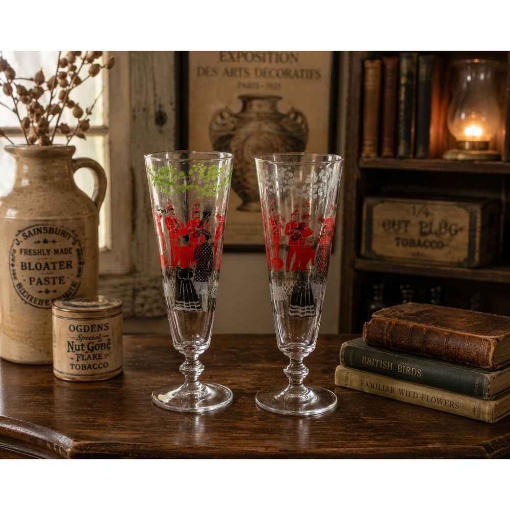 Vintage Mid Century Pilsner Glasses Set of 2 Red Marching Band Park Scene Barwar